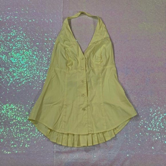 Moda International Light Yellow Button-Up Collared Ruffle Halterneck Top (M) ★ - Picture 4 of 8